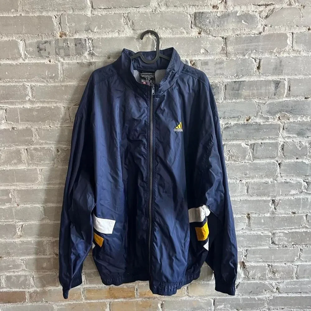 Vintage 90s Adidas Windbreaker Jacket Navy Blue Yellow Full Zip XXL